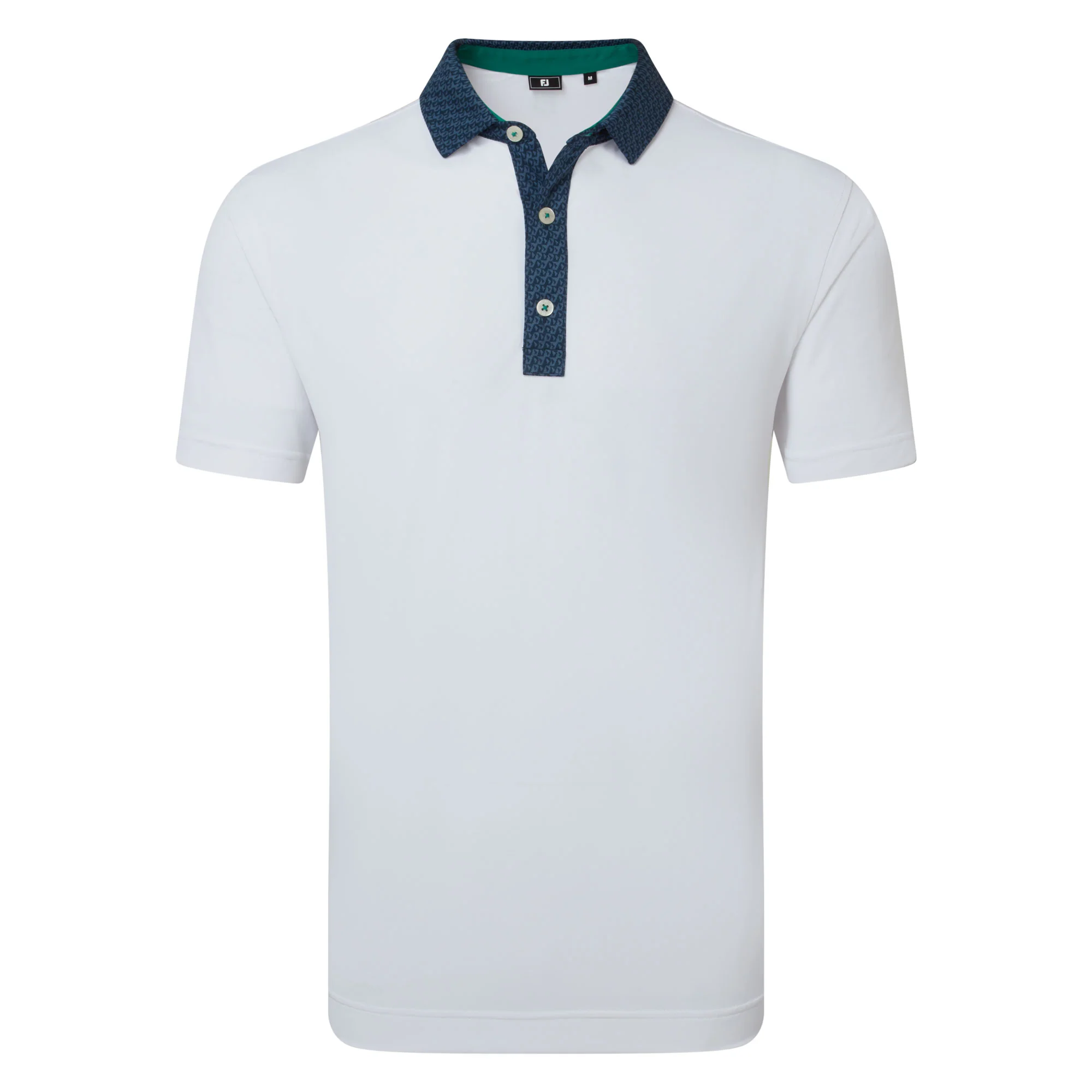 FootJoy Star Geo Trim Pique Golf Polo Shirt - White & Navy
